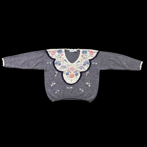 Vintage Sweater 90s Floral Embroidered Gray Cream Large Maggie Lawrence Sport - Picture 2 of 8
